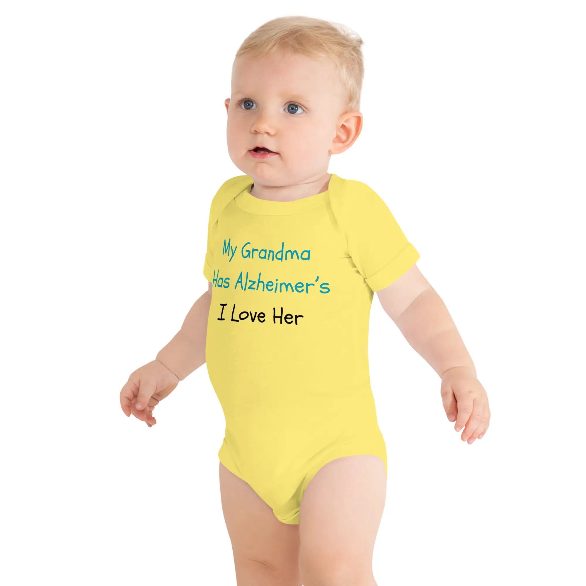 Baby short sleeve one piece My Grandma Has Alzheimer's - I love her by Alzheimer's Awareness