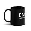 Black glossy ceramic mug with END Alzheimer's awareness message for dementia support and advocacy