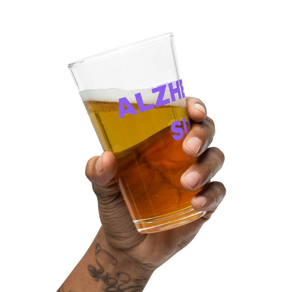 Shaker pint glass Alzheimer's Sucks by Alzheimer's Awareness