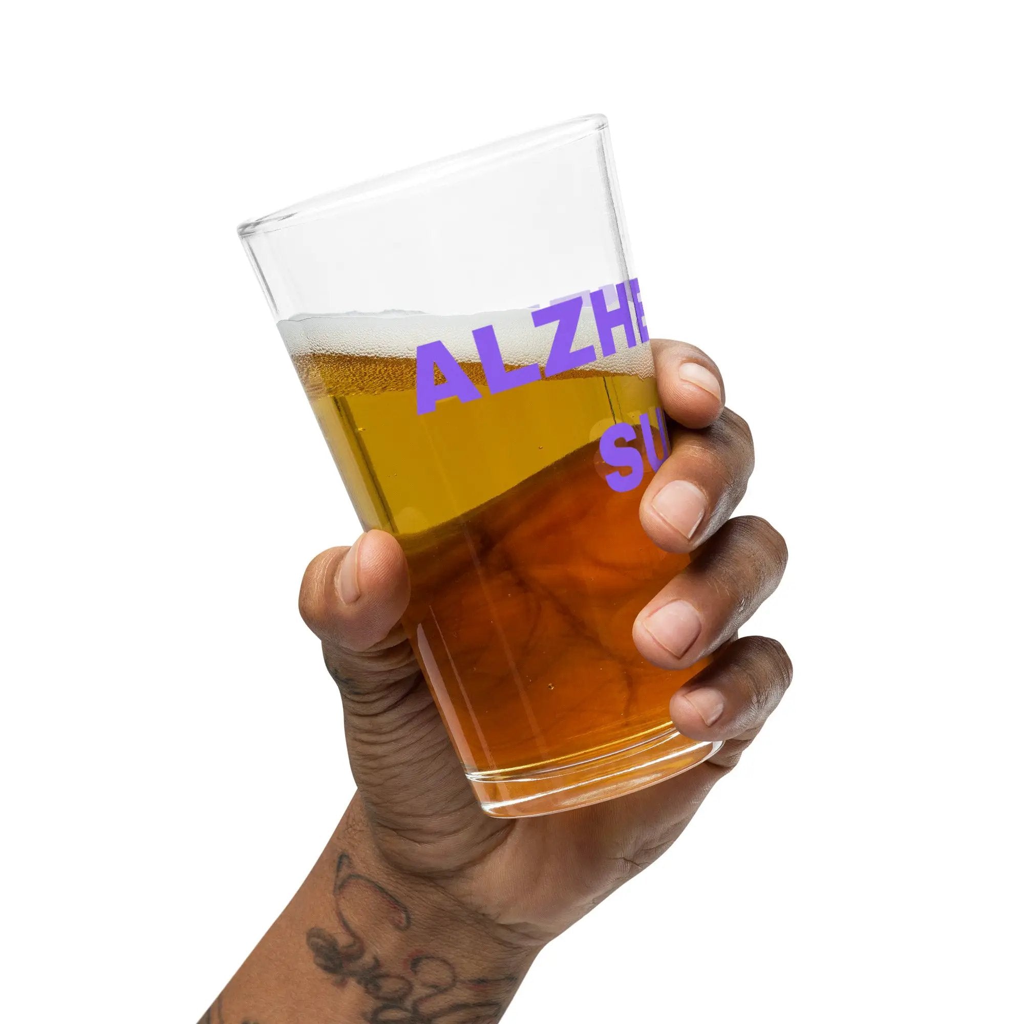 Shaker pint glass Alzheimer's Sucks by Alzheimer's Awareness