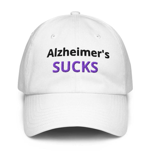 Under Armour Alzheimer's Awareness Dad Hat embroidered with "Alzheimer's SUCKS" in purple and black