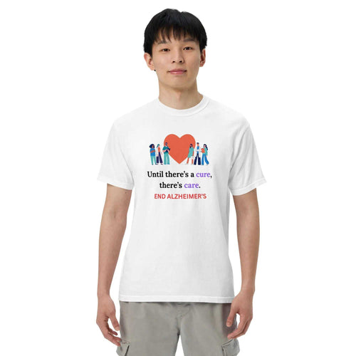 Unisex heavyweight Alzheimer's awareness t-shirt with heart design and supportive message for caregivers and community