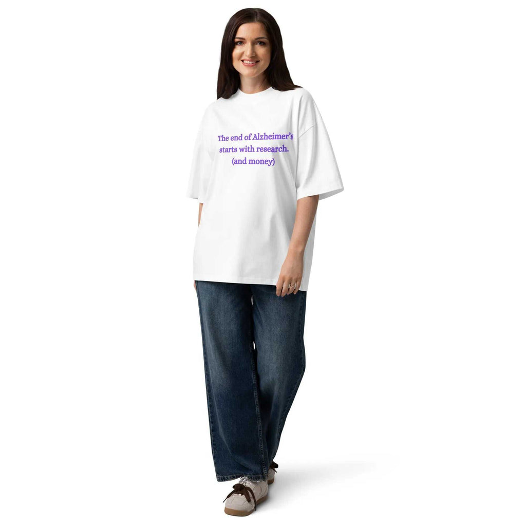 Unisex oversized high neck Alzheimer's awareness t-shirt in organic cotton with bold purple print for dementia support