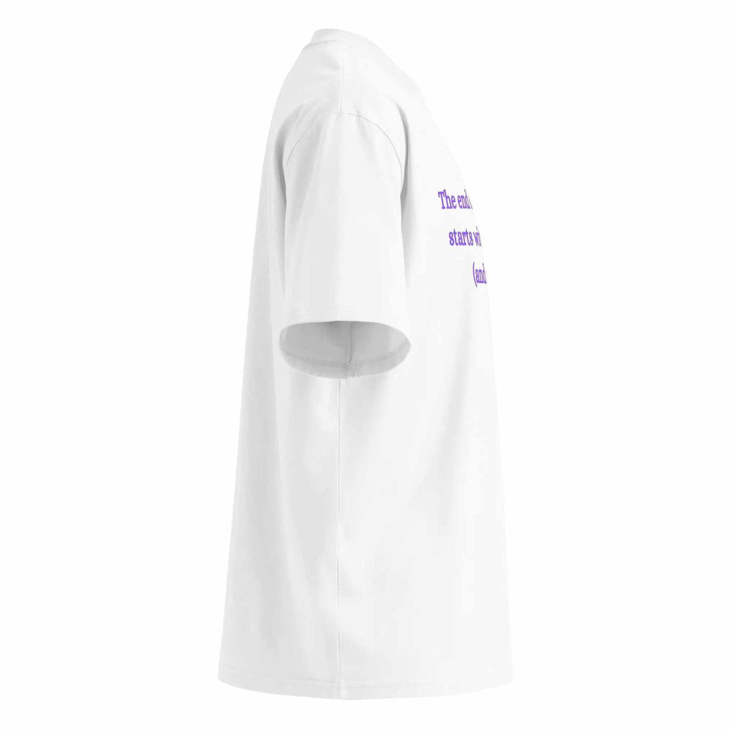 Unisex organic oversized high neck Alzheimer's awareness t-shirt in purple ink on soft cotton